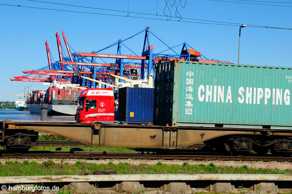 id510471 Containerschiff, vorbeifahrender Container auf Lkw und Güterzug