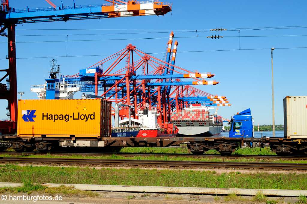 id510523 Containerschiff, vorbeifahrender Container auf Lkw und Güterzug