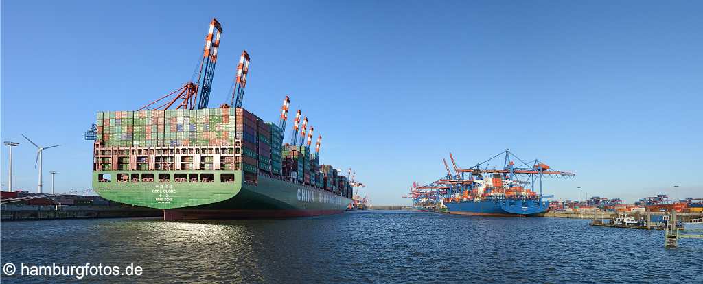 CSCL_GLOBE_160115_Hamburg_PAN Containerschiffe im Waltershofer Hafen - l. CSCL GOBE 19000 TEU - r. Palena Monrovia 6539 TEU