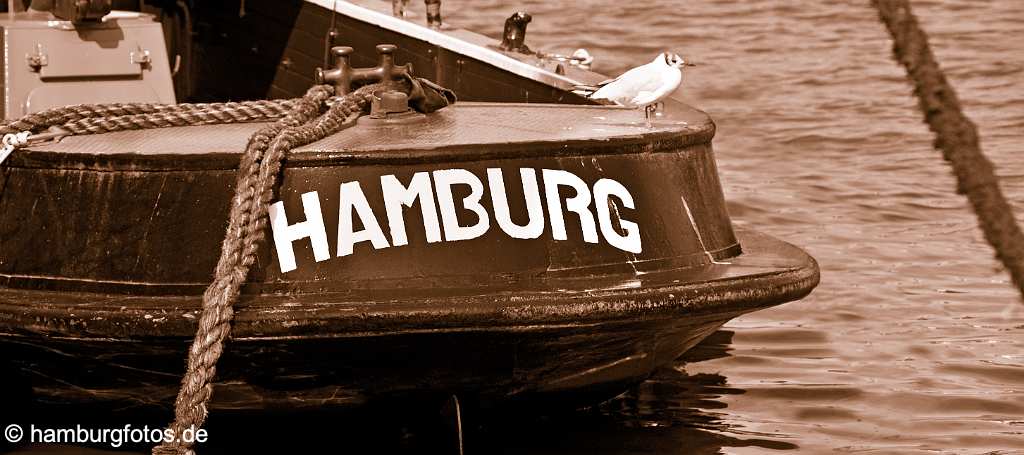 skyline_hamburg_P046 Heck einer Barkasse mit Schriftzug "HAMBURG" am Heck. Eine Möve sitzt auf der Reling, sepiafarben