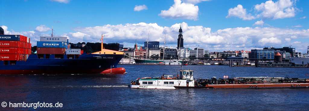 skyline_hamburg_P082 Panoramabild Hamburg - Schiffe auf der Elbe in der Mitte St. Michaelis