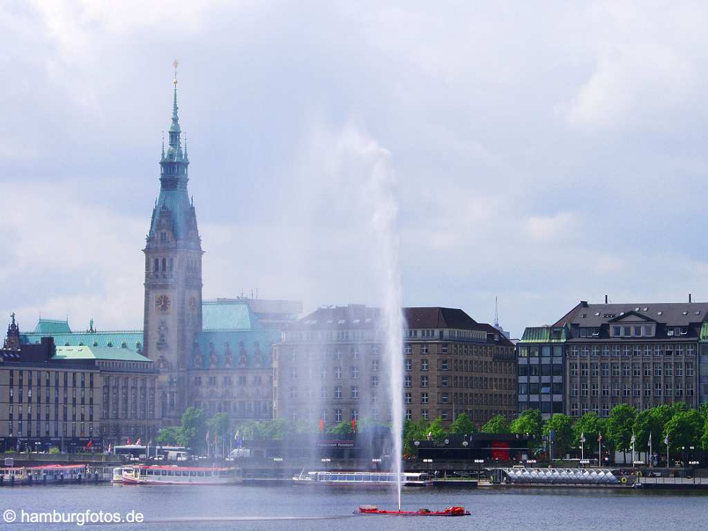 skyline010 Skyline von Hamburg: Blick ueber die Binnenalster auf den Jungfernstieg mit Hamburger Rathaus und Alsterfontaine.