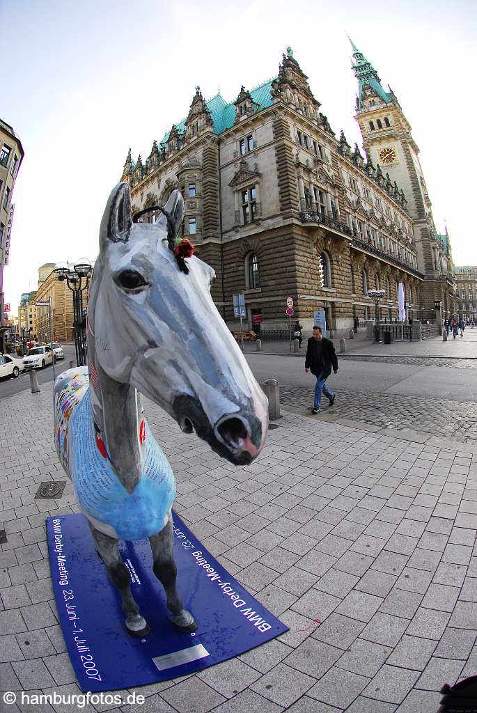 id112291 Hansestadt Hamburg | Hamburg Rathausmarkt mit einem Pferd, welches für das BMW Derby wirbt.